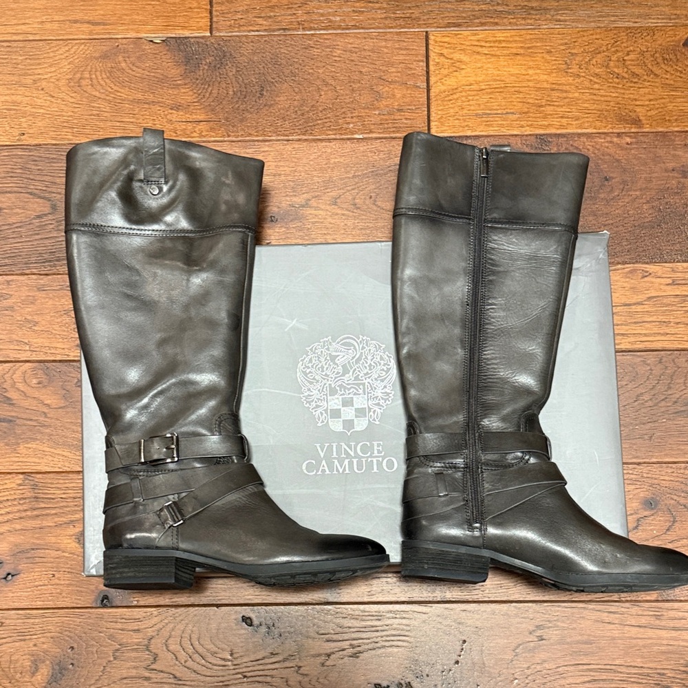 Vince Camuto Dark Leather Wide Calf Buckle Boots - Picture 2 of 7